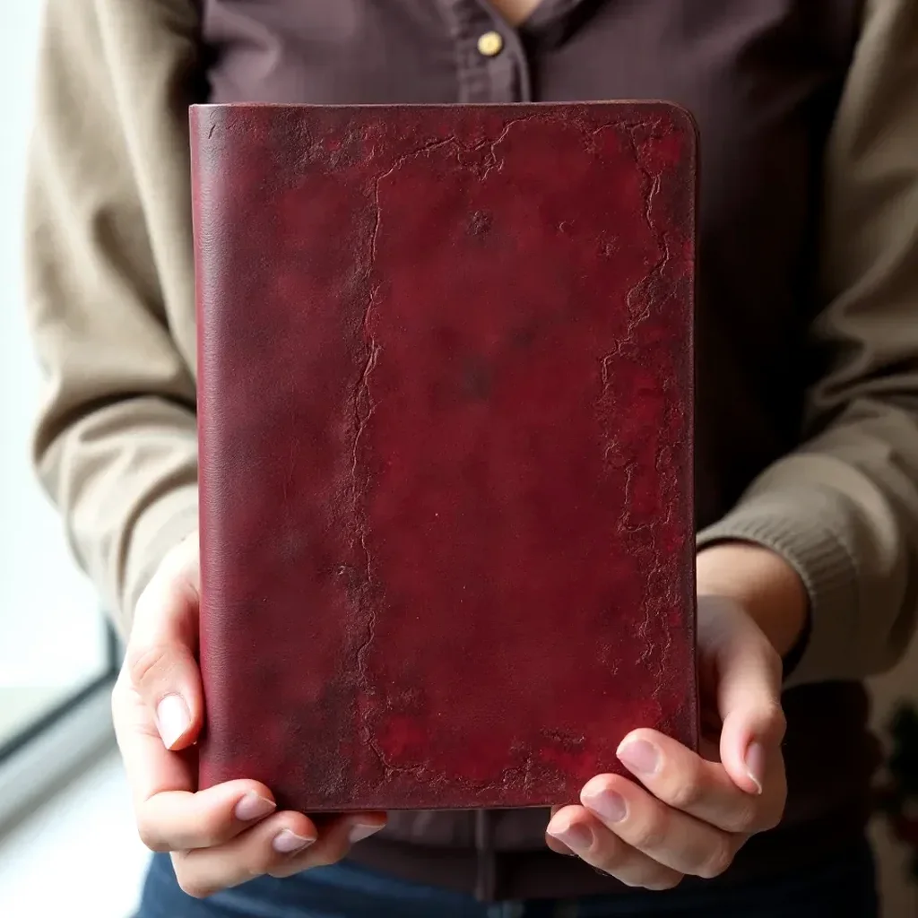 Well-used burgundy leather notebook showing a rich patina, natural creasing, and colour shifts from regular use