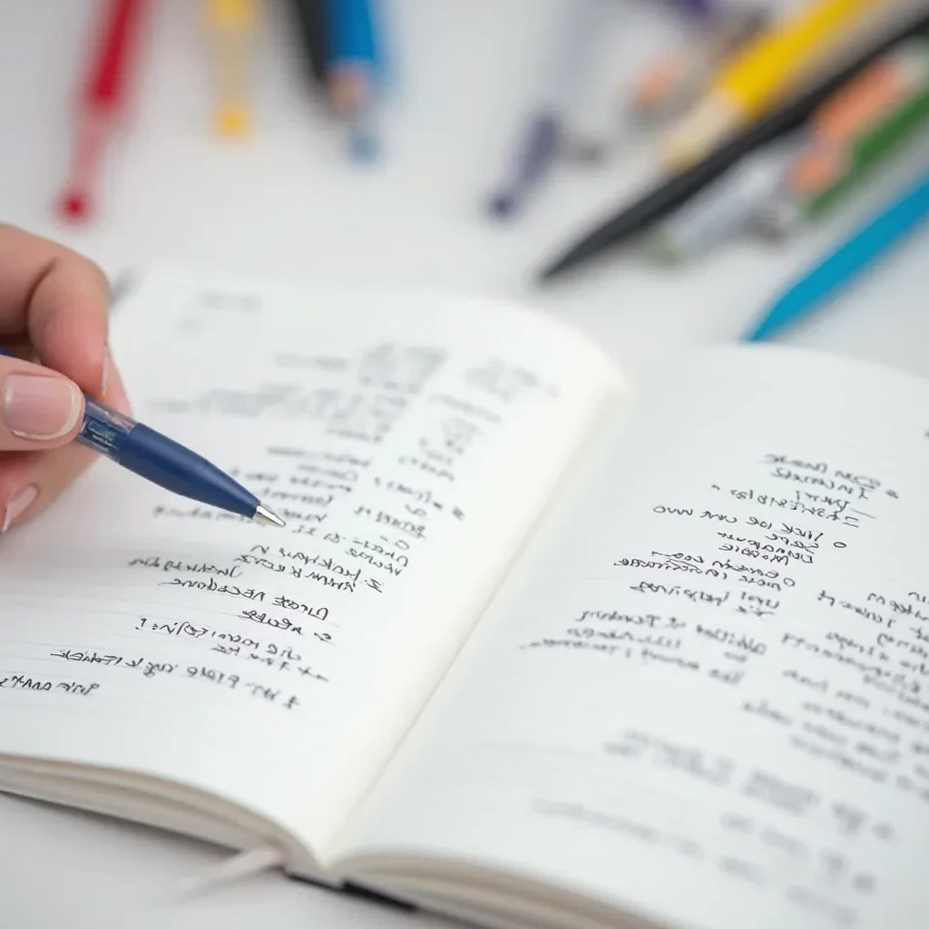 Detailed view of planner pages with handwritten notes, marked calendar dates, and homework listed in different coloured pens