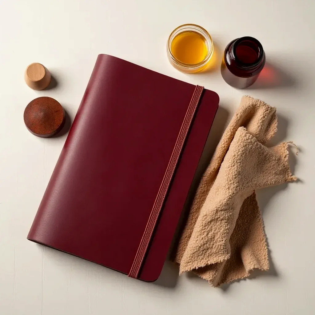 Leather care basics laid out beside the burgundy notebook - natural beeswax, a soft cloth, and leather conditioner