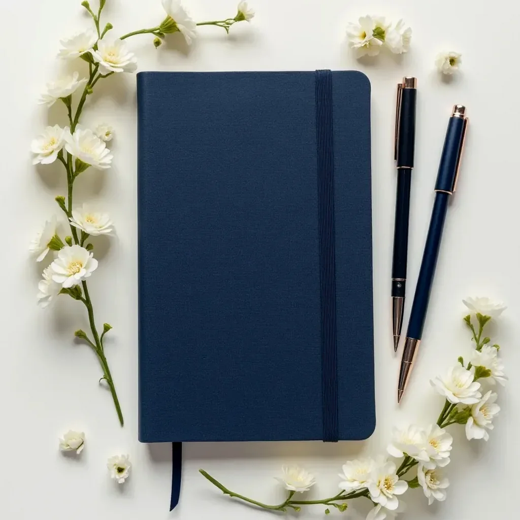 Flat lay of the navy notebook with its ribbon marker and elastic band on show, set among writing tools and fresh flowers on a neutral backdrop