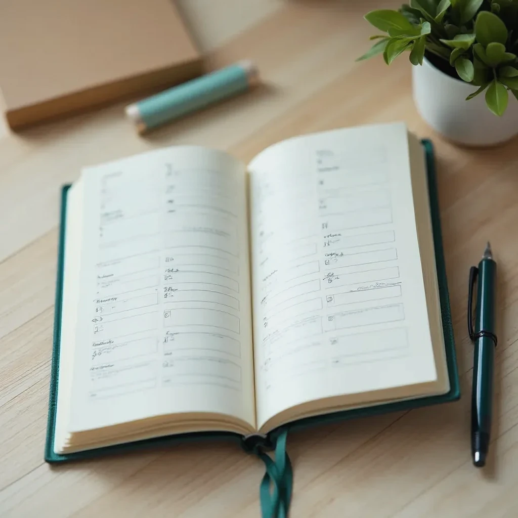 Flat lay of the forest green planner alongside a pen, coffee cup, and notebook on a wooden desk in warm natural light