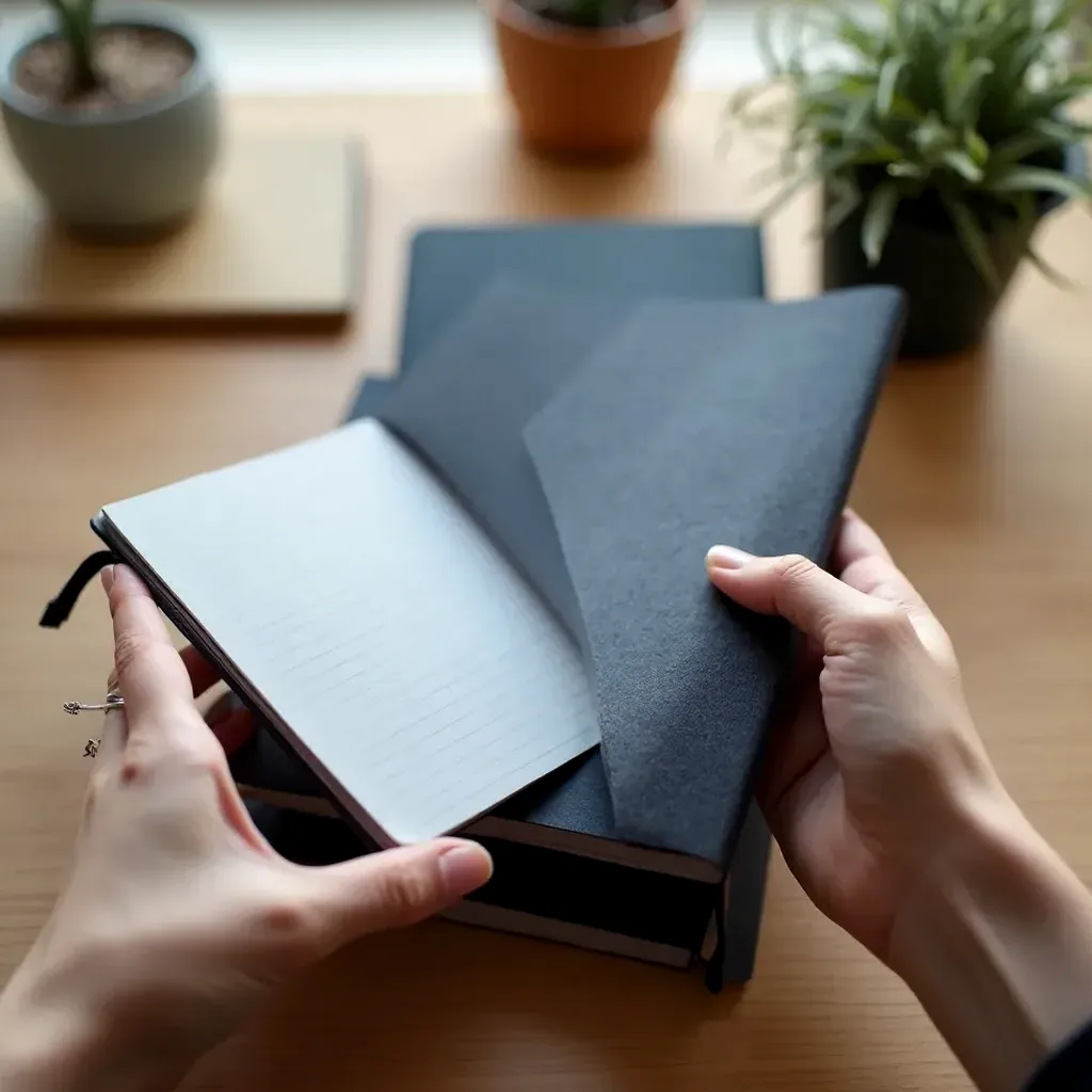 Hands softly cradling the open notebook, showing care for its pages and binding