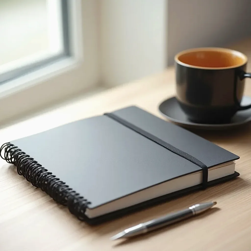Workspace laid out with the organizer, a pen, and coffee in a tidy professional planning setting