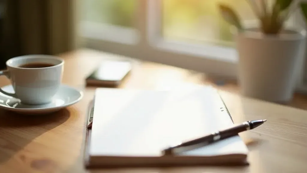 Contemporary desk setup featuring fine writing gear, a notebook, a pen, and coffee on a wooden surface in morning light, tidy framing, crisp focus