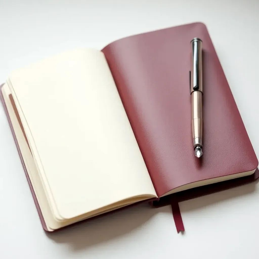 Detailed view of the burgundy leather notebook lying open flat, showing cotton rag paper pages with a fountain pen resting on one
