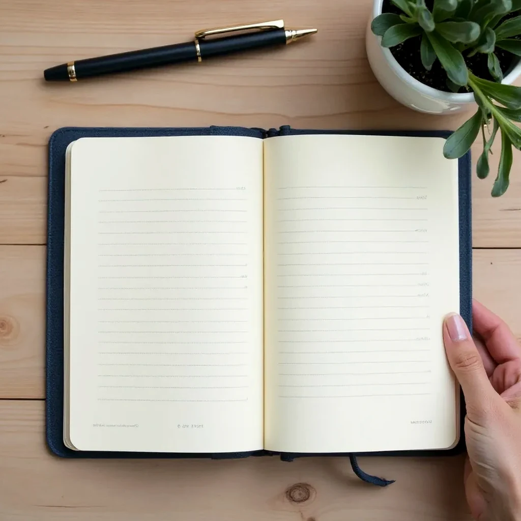 Open navy notebook revealing daily prompts with a date field, morning intention space, and gratitude sections on cream paper