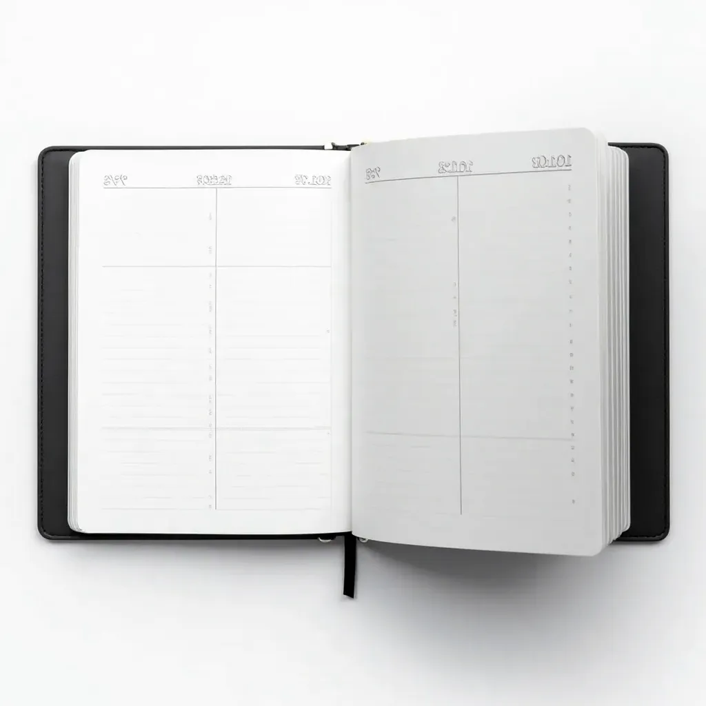 Black hardback weekly organizer displaying time-blocking layout pages with an hourly schedule grid