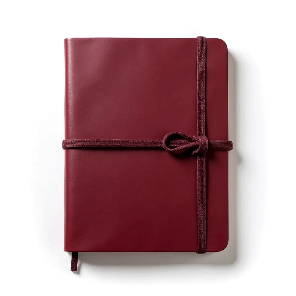 Burgundy leather notebook showing a hand-sewn spine and an elastic band set against a white backdrop