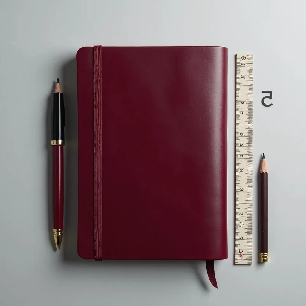 Flat lay of the burgundy leather notebook with a measuring ruler and writing tools showing its dimensions and scale
