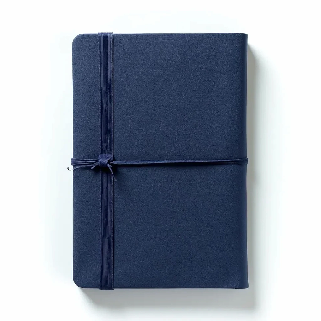 Shut navy linen hardback notebook featuring an elastic band and ribbon marker set against a white backdrop