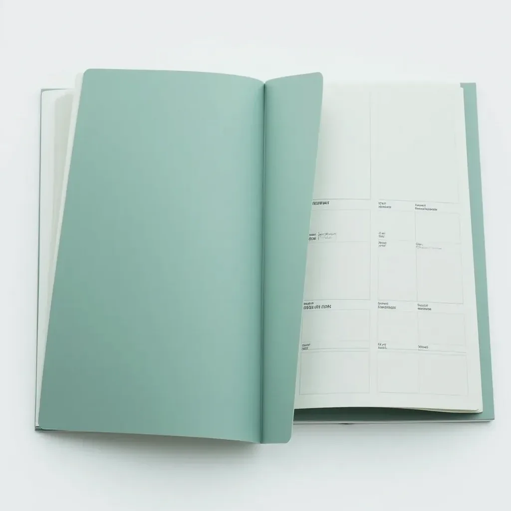 Forest green hardback organizer opened to a weekly layout with a grid design and homework log against a white backdrop