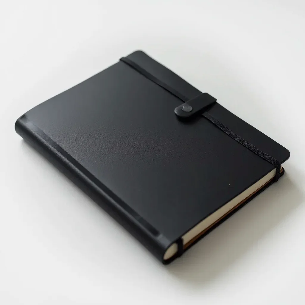 Detailed view of the black organizer cover showing its fine leather texture and silver binding details, styled smartly